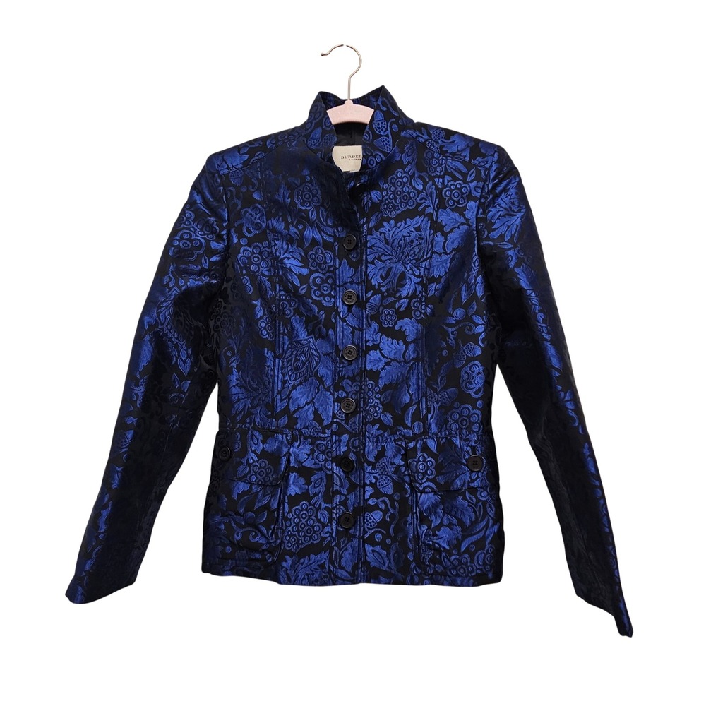 Burberry London Jacket Women 4 Blue‎ Black Floral Brocade Jacquard Funnel Neck